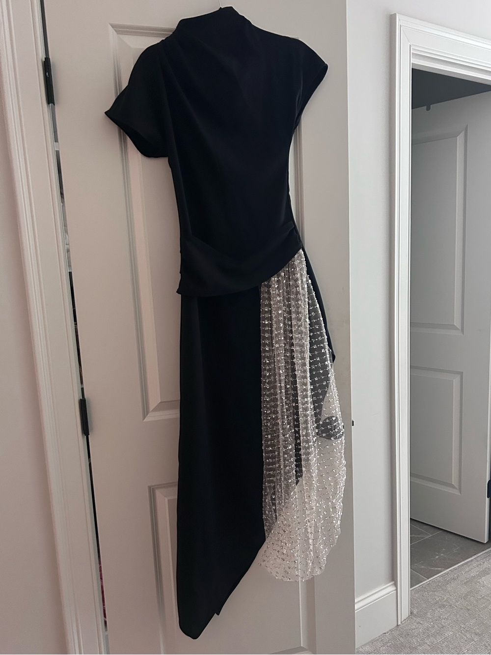 STAUD Black Asymmetrical Dress with Beaded White Overlay